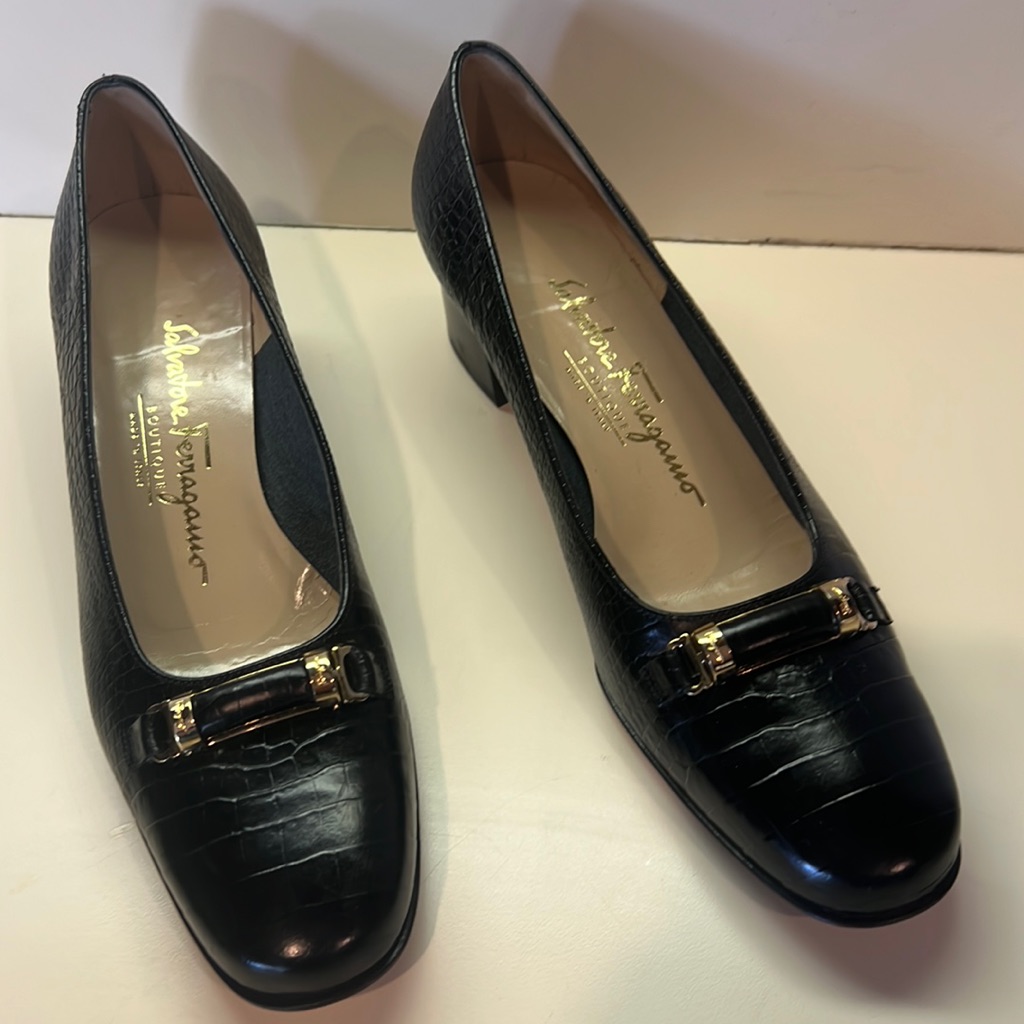Salvatore Ferragamo Black Leather Croc Embossed Embellished Block Heel